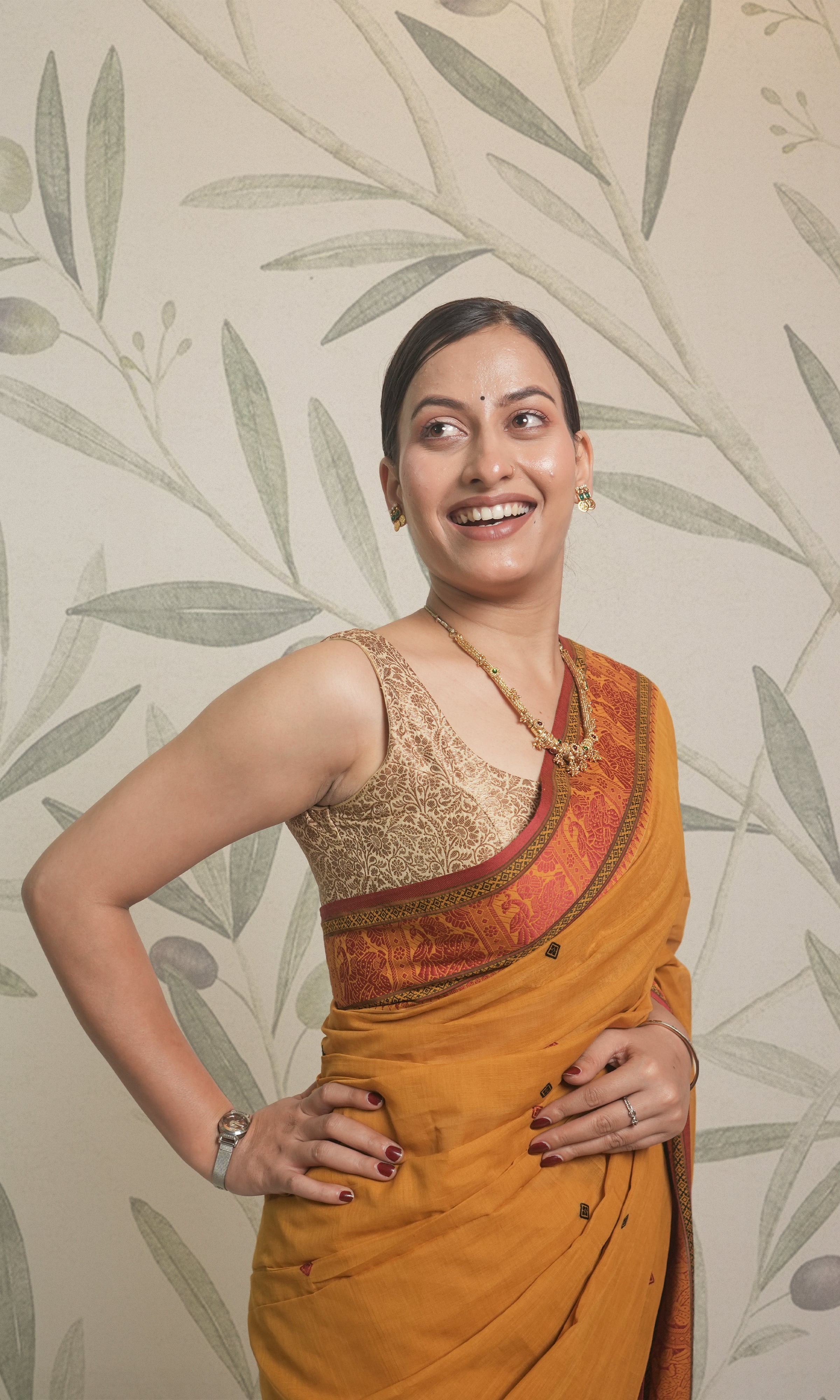 Ochre Yellow Cotton Baluchari Saree With Blouse Piece