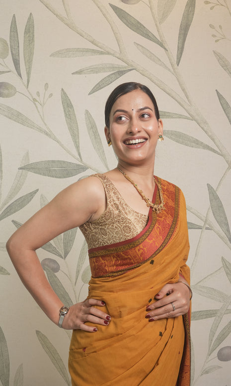 Ochre Yellow Cotton Baluchari Saree With Blouse Piece