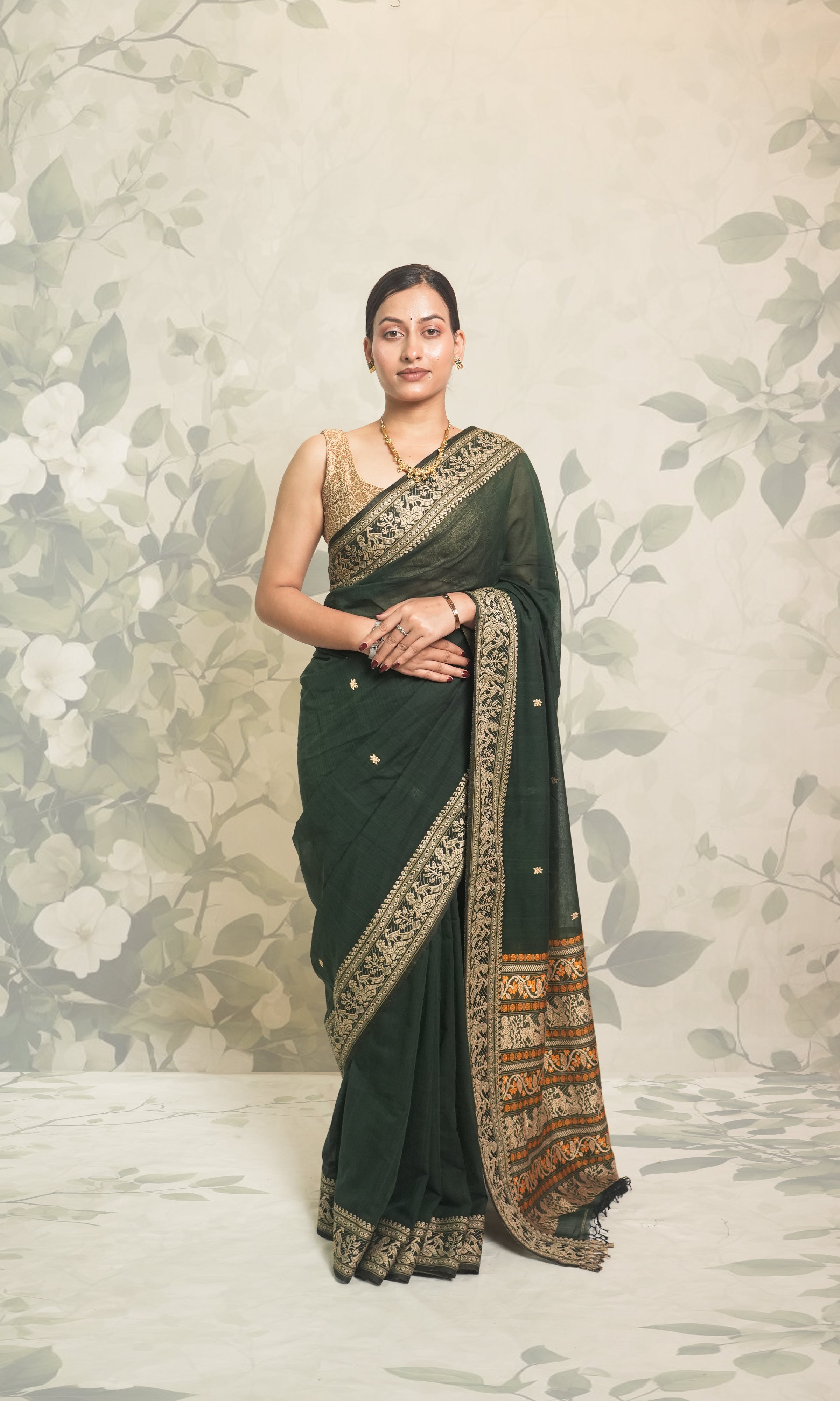 Deep Green Cotton Baluchari Saree With Blouse Piece