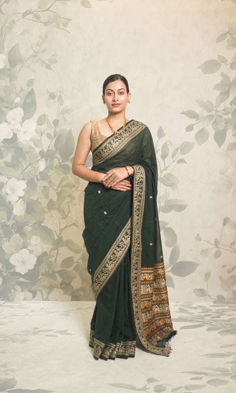 Deep Green Cotton Baluchari Saree With Blouse Piece
