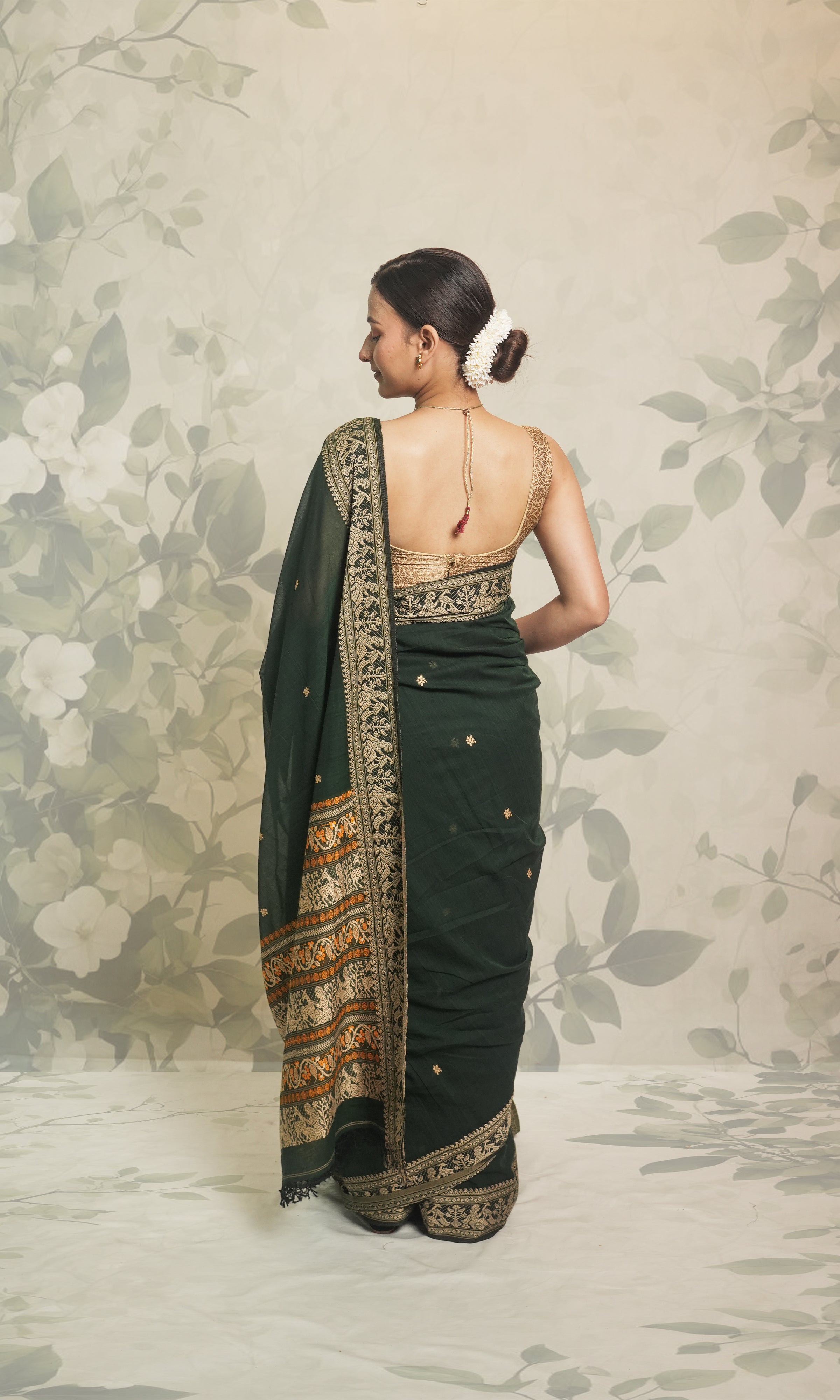 Deep Green Cotton Baluchari Saree With Blouse Piece