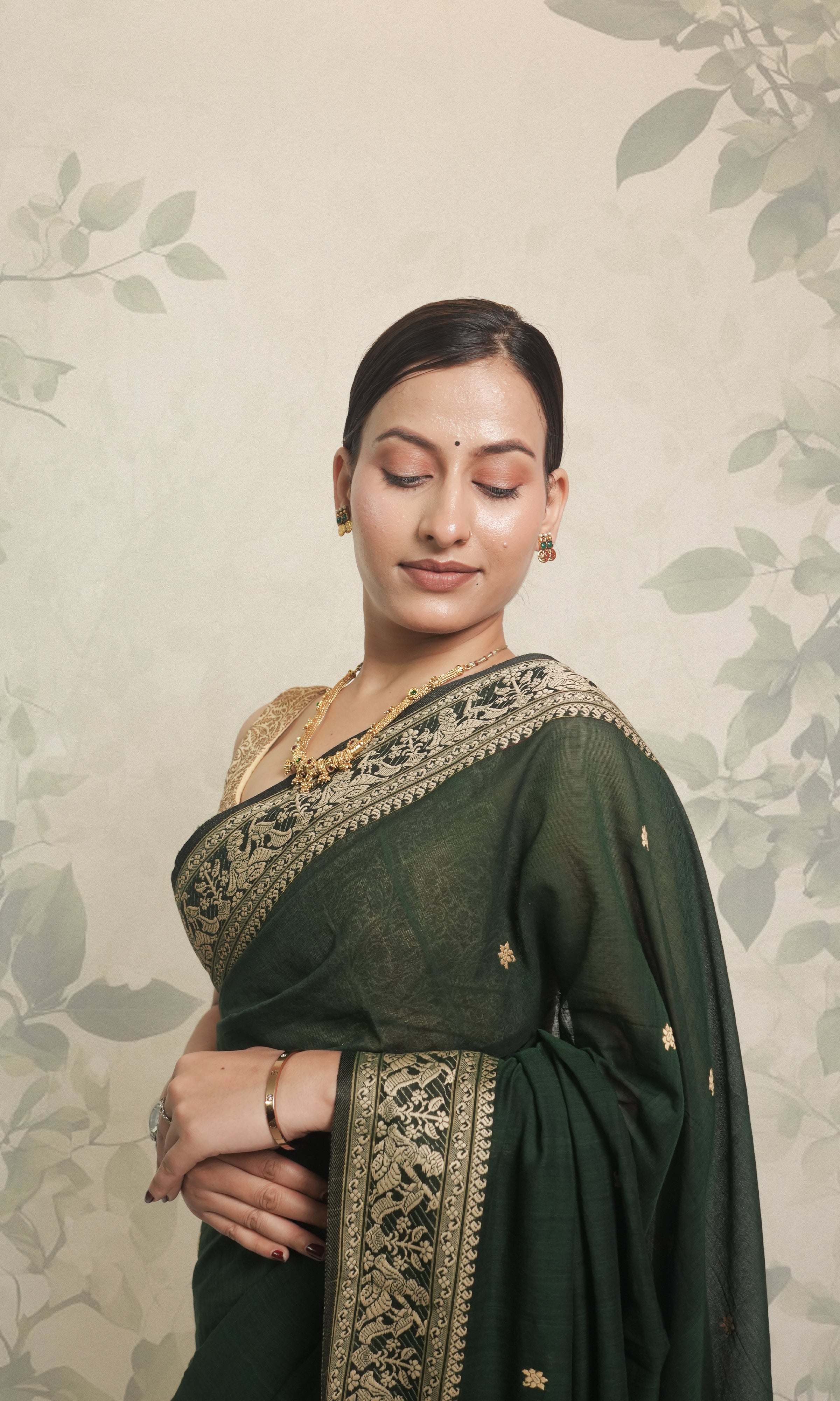 Deep Green Cotton Baluchari Saree With Blouse Piece