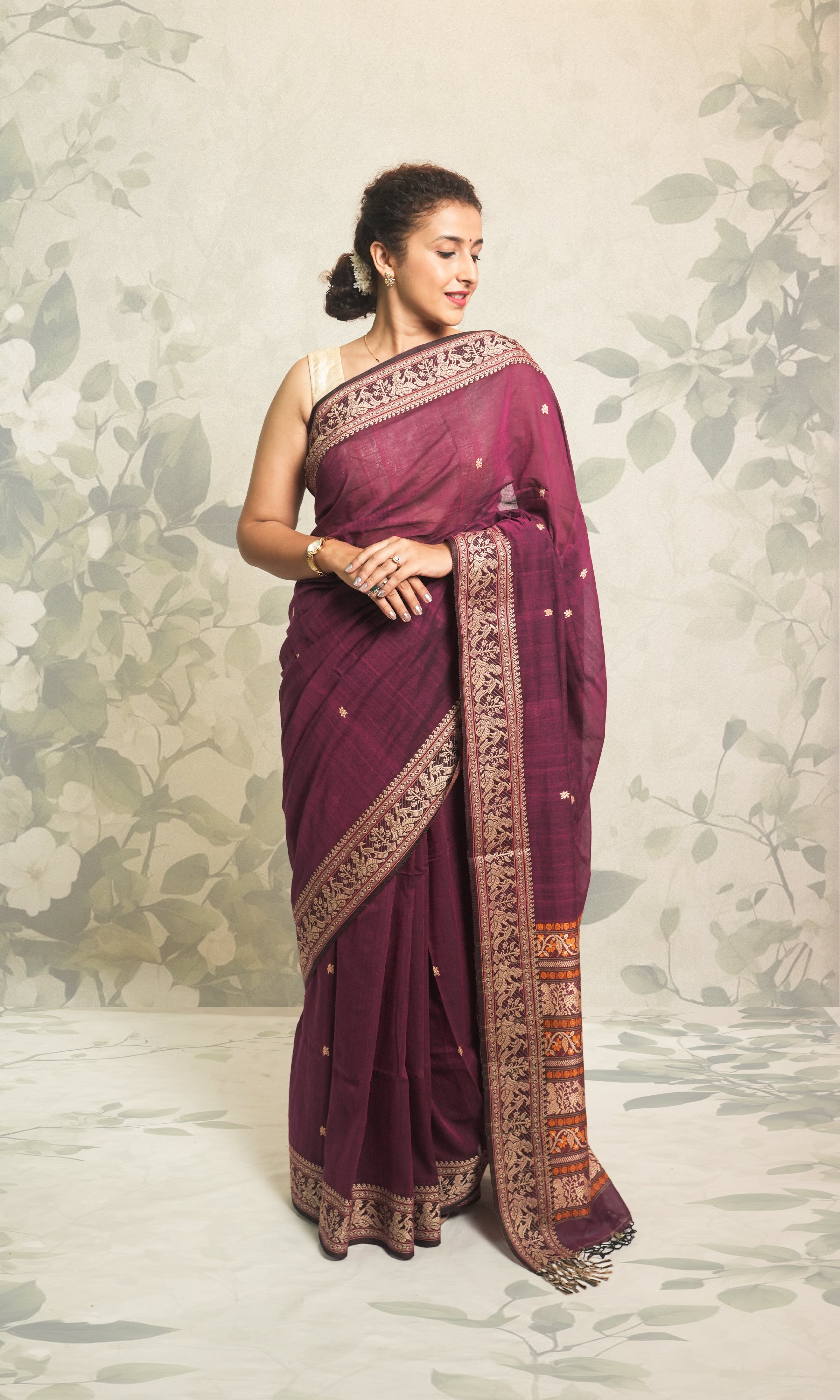 Purple Cotton Baluchari Saree With Blouse Piece