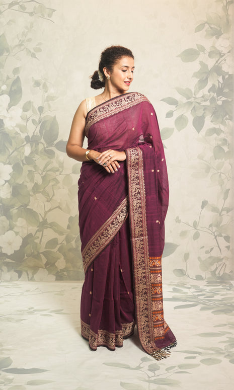 Purple Cotton Baluchari Saree With Blouse Piece
