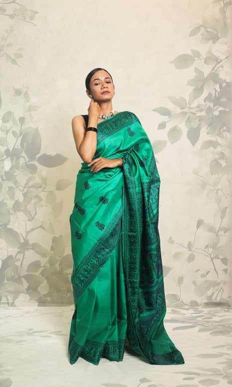 Sea Green With Blue Resham Thread Work Silk Saree With Blouse Piece