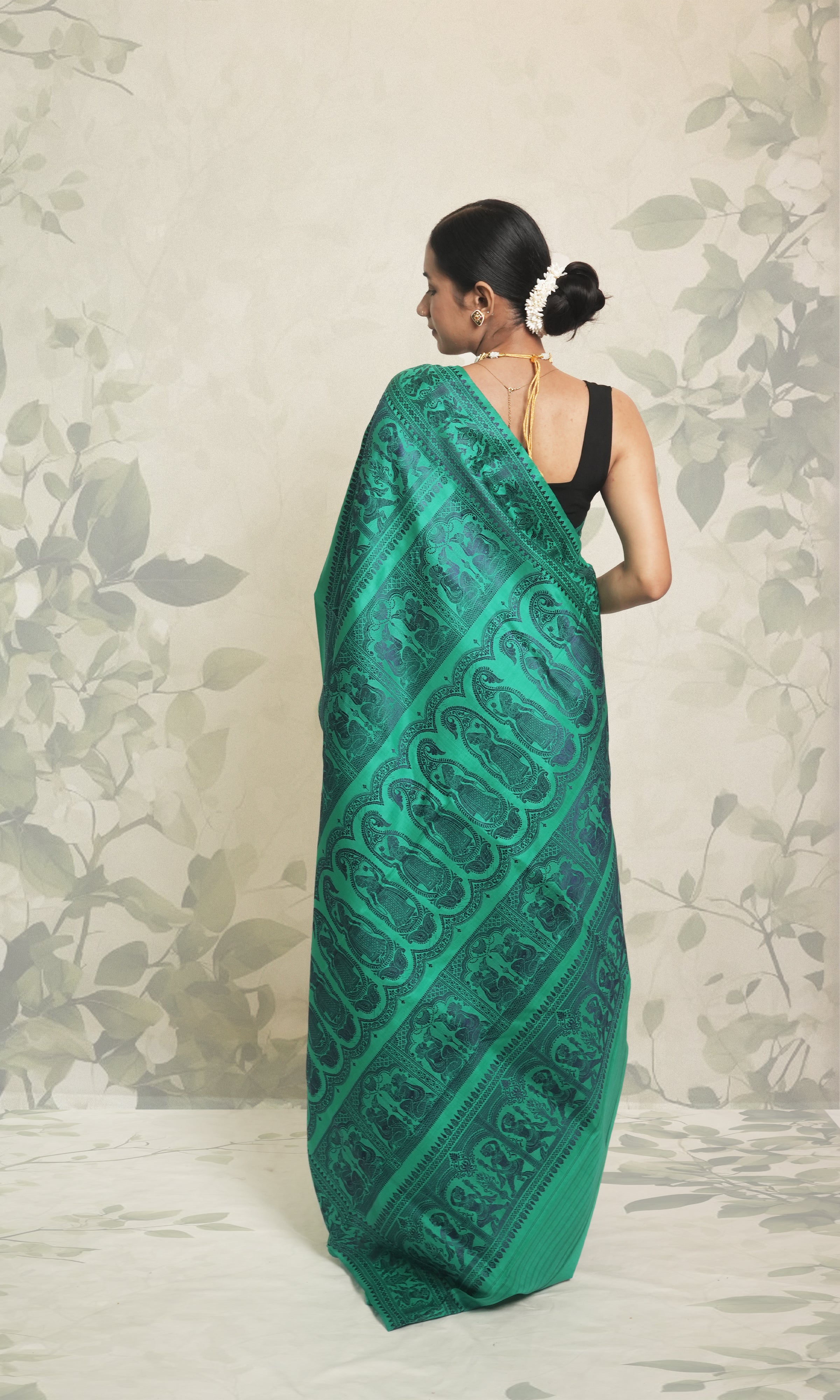 Sea Green With Blue Resham Thread Work Silk Saree With Blouse Piece