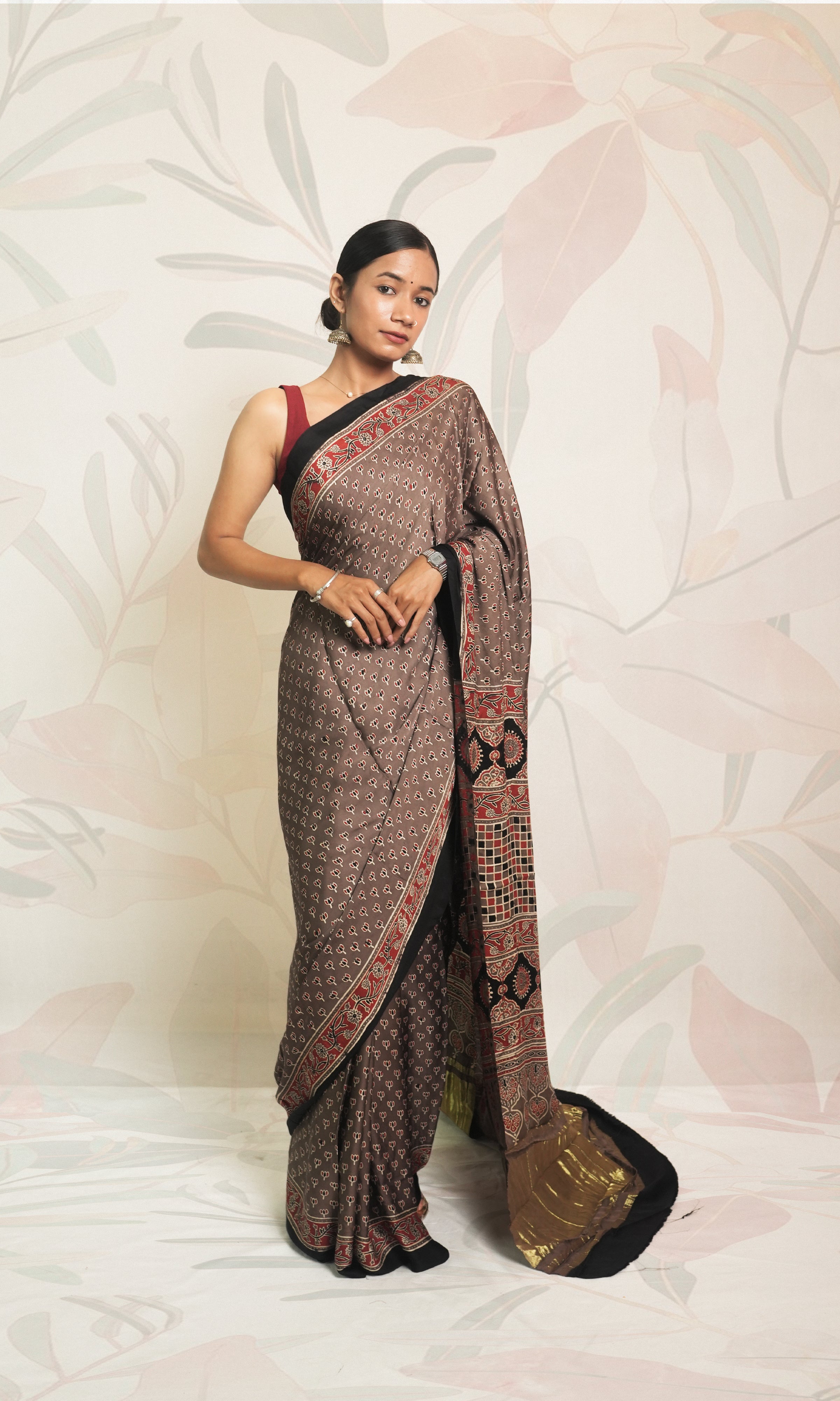 Red, Black & Grey Ajrak Print Modal Silk Saree With Blouse Piece
