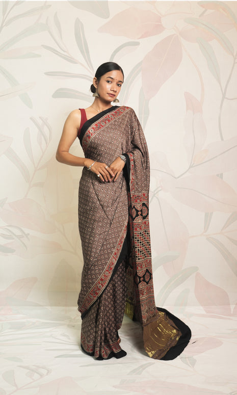 Red, Black & Grey Ajrak Print Modal Silk Saree With Blouse Piece