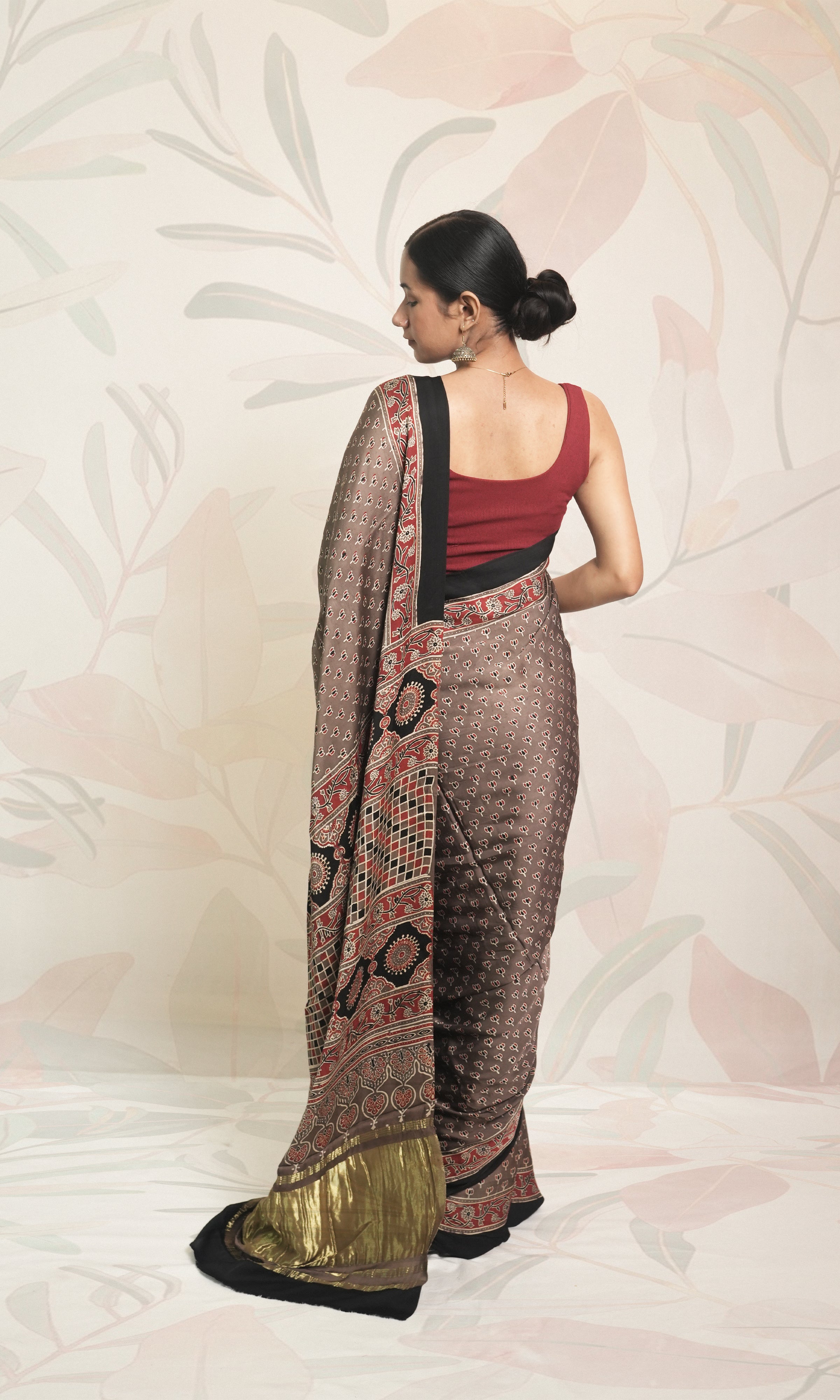 Red, Black & Grey Ajrak Print Modal Silk Saree With Blouse Piece