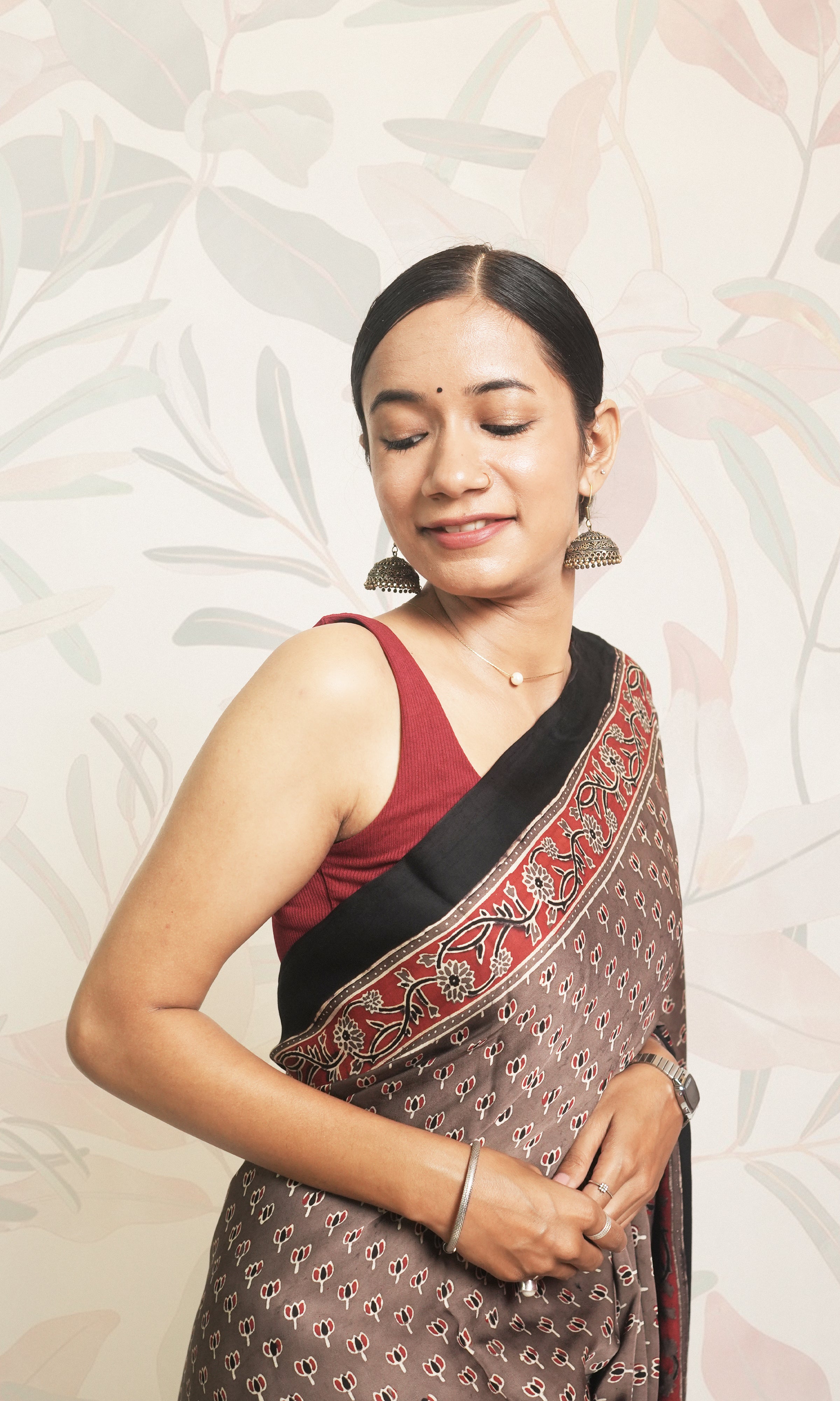Red, Black & Grey Ajrak Print Modal Silk Saree With Blouse Piece