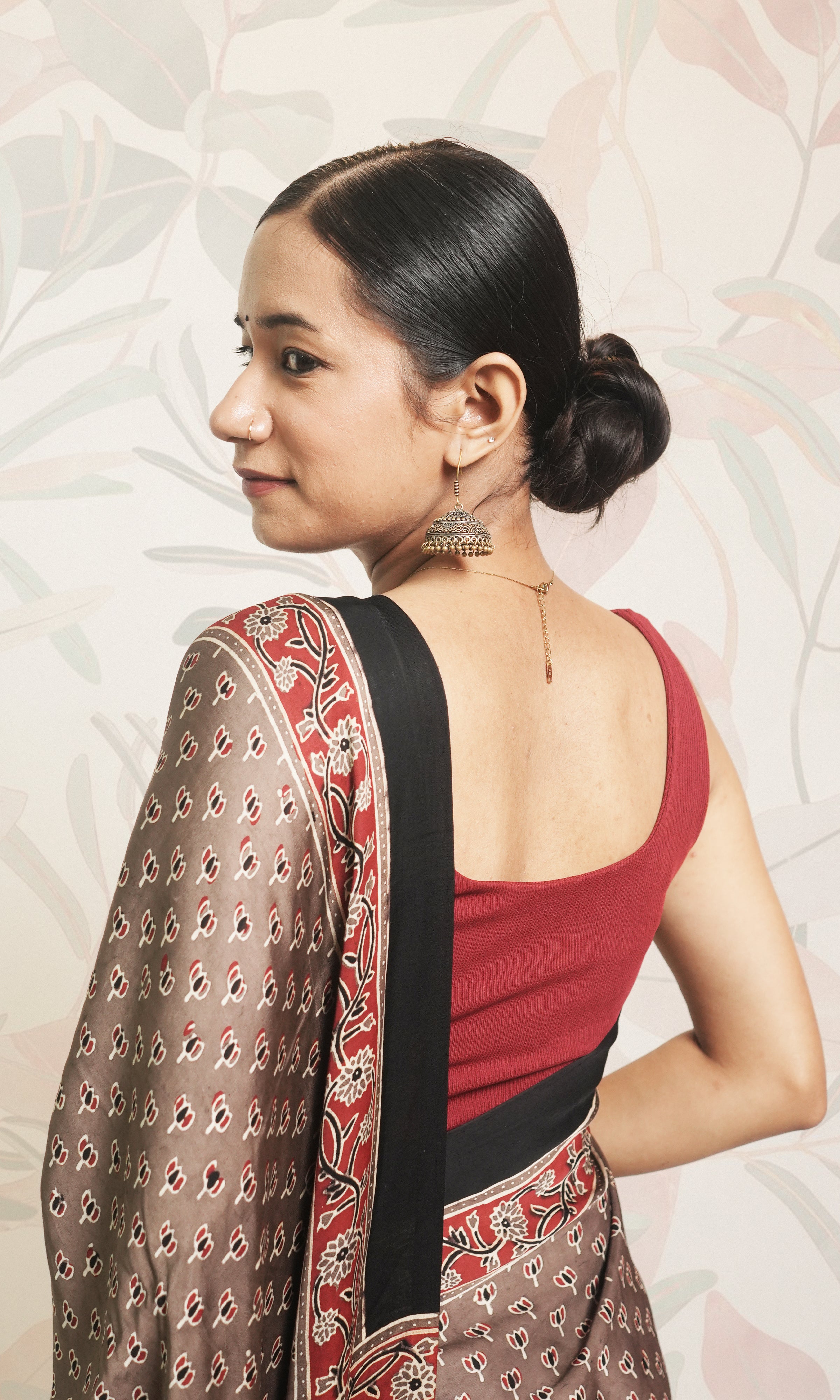 Red, Black & Grey Ajrak Print Modal Silk Saree With Blouse Piece