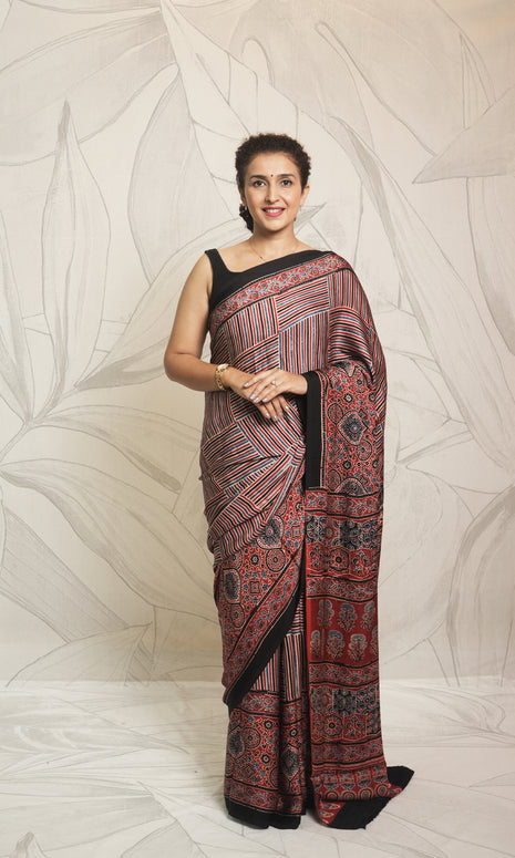 Blue, Red And Black Ajrak Print Modal Silk Saree With Blouse Piece