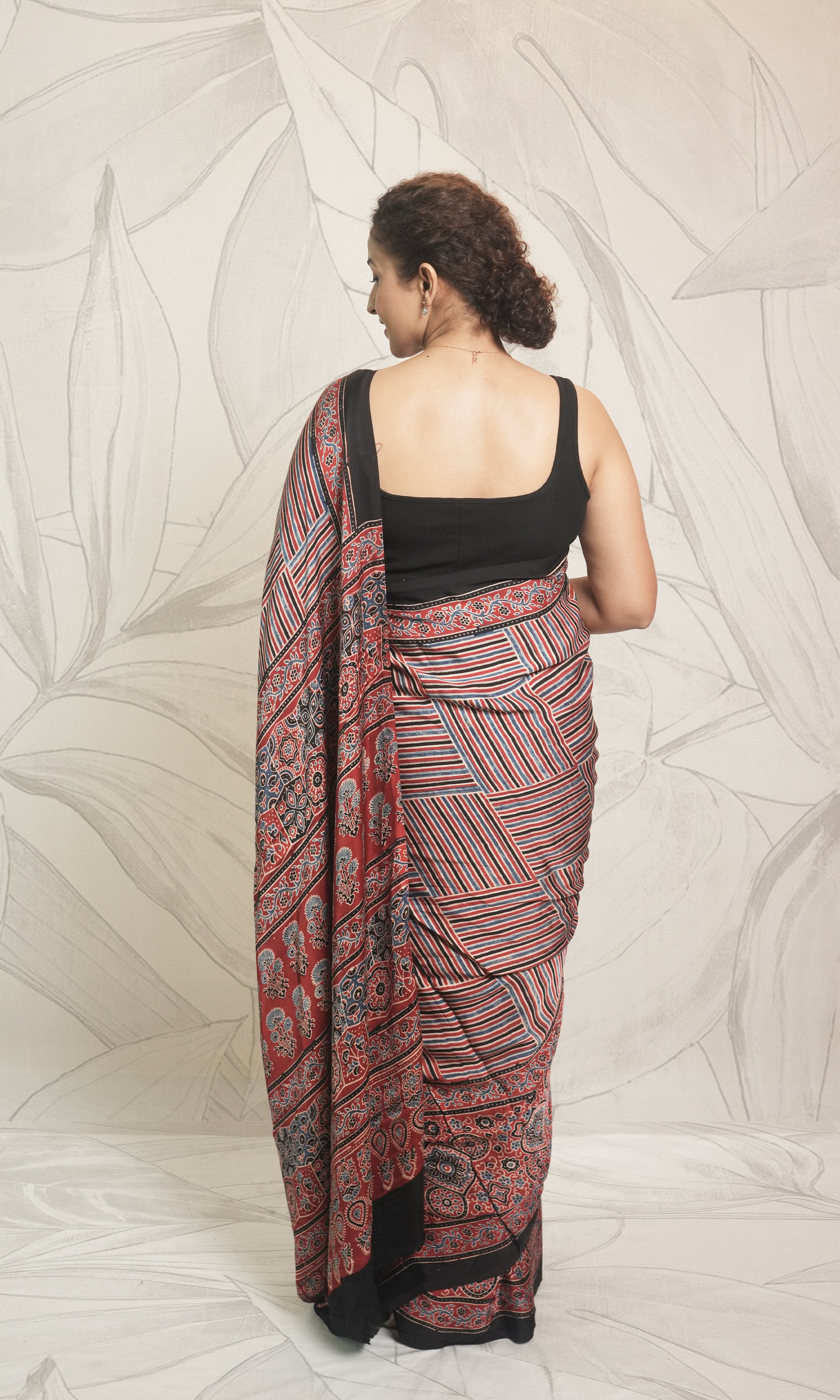 Blue, Red And Black Ajrak Print Modal Silk Saree With Blouse Piece