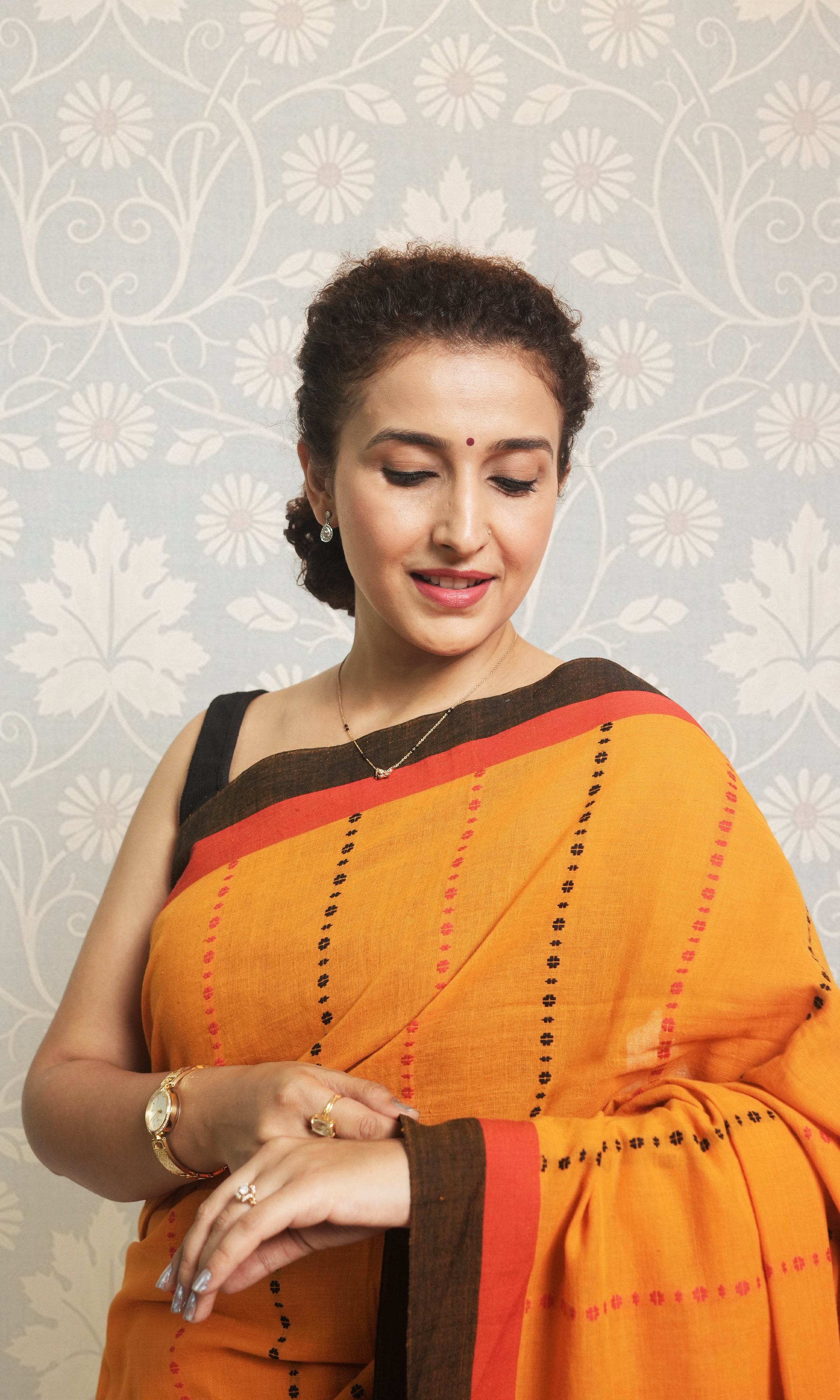 Yellow, Red & Black Begumpuri Cotton Saree Without Blouse Piece