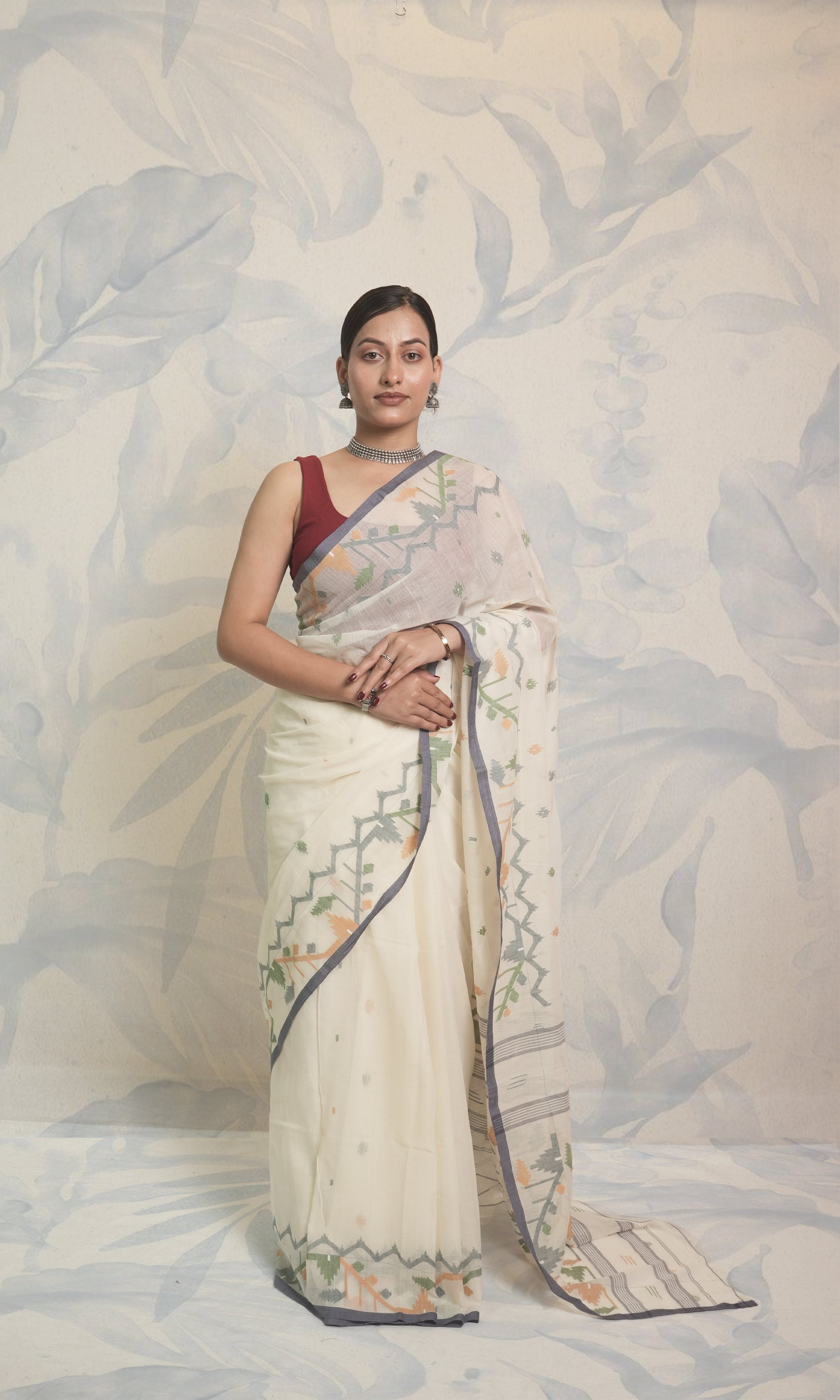 Yellow, Green & White Cotton Jamdani Saree Without Blouse Piece