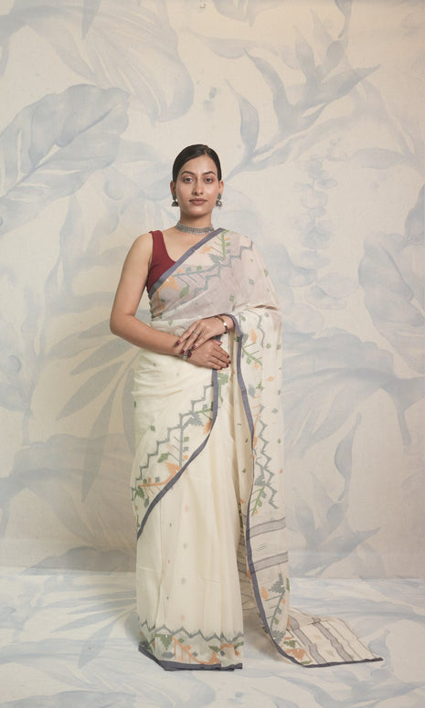 Yellow, Green & White Cotton Jamdani Saree Without Blouse Piece