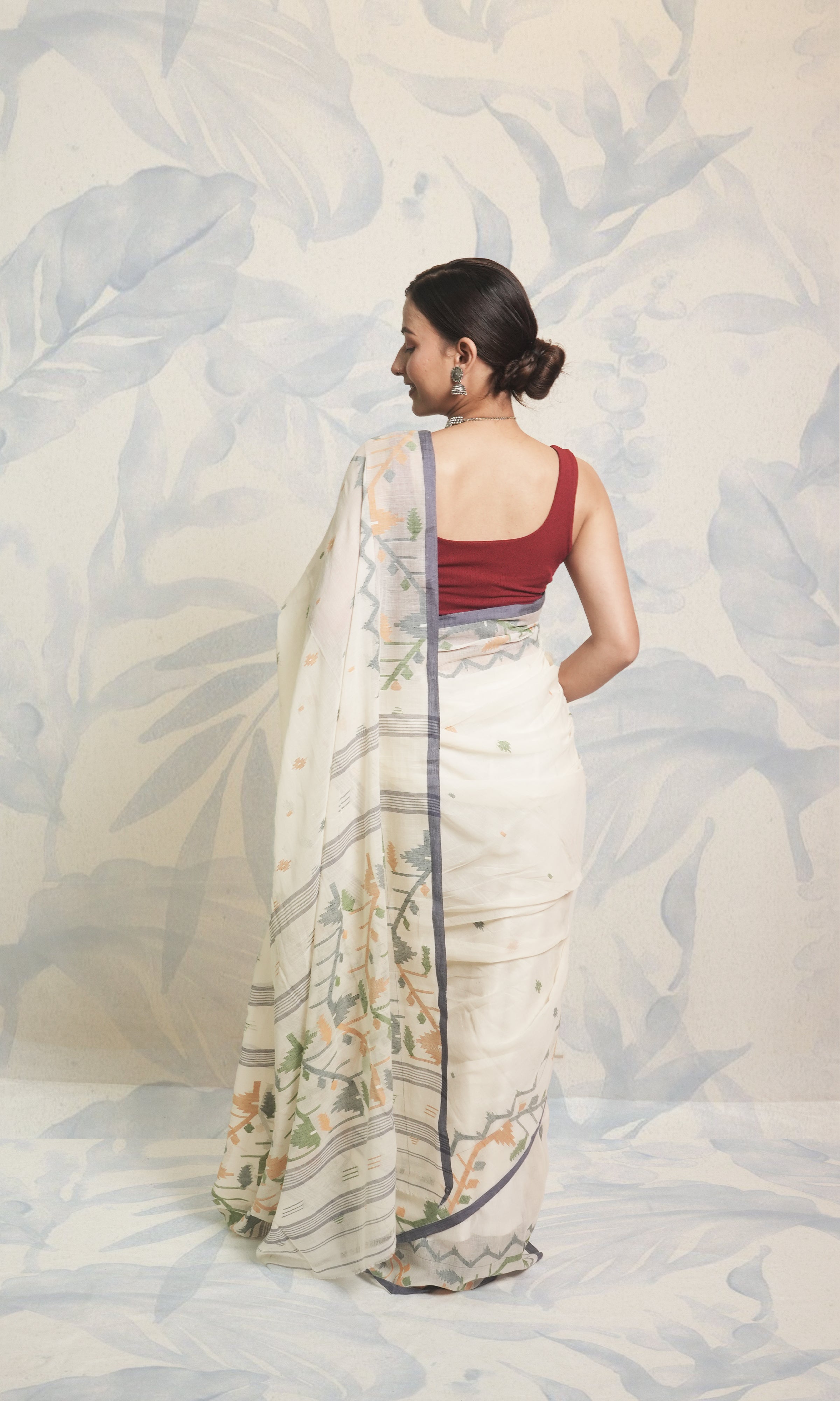 Yellow, Green & White Cotton Jamdani Saree Without Blouse Piece