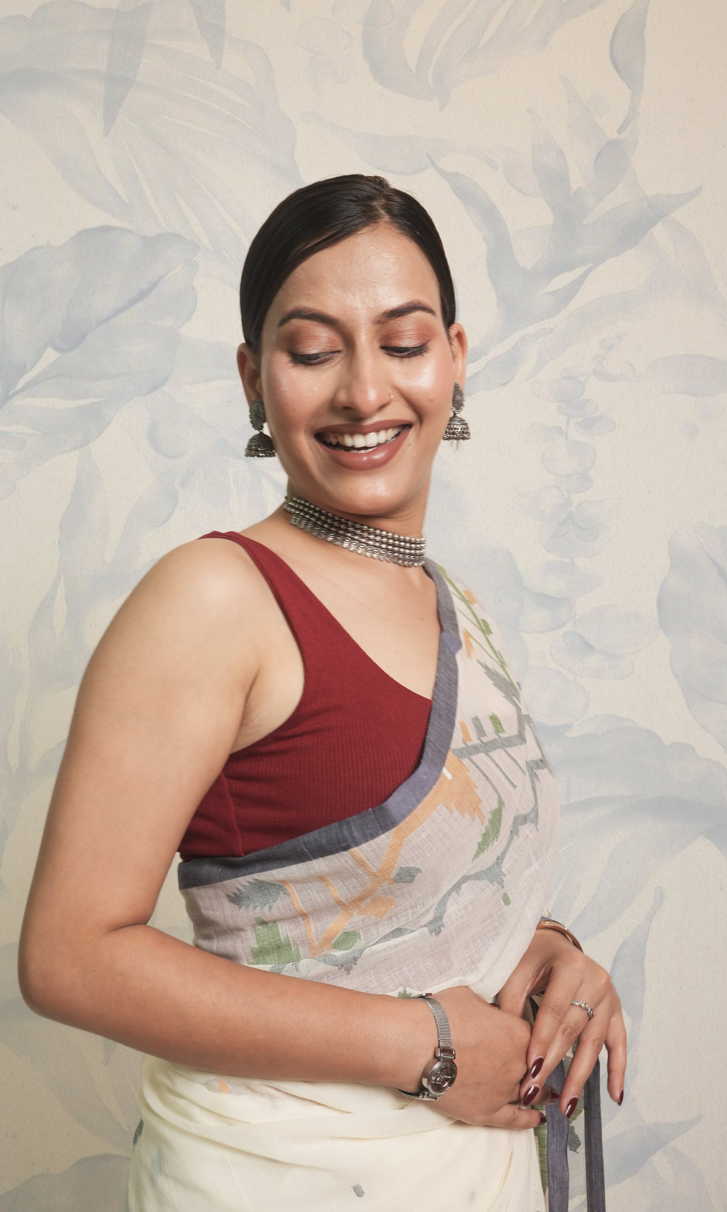 Yellow, Green & White Cotton Jamdani Saree Without Blouse Piece