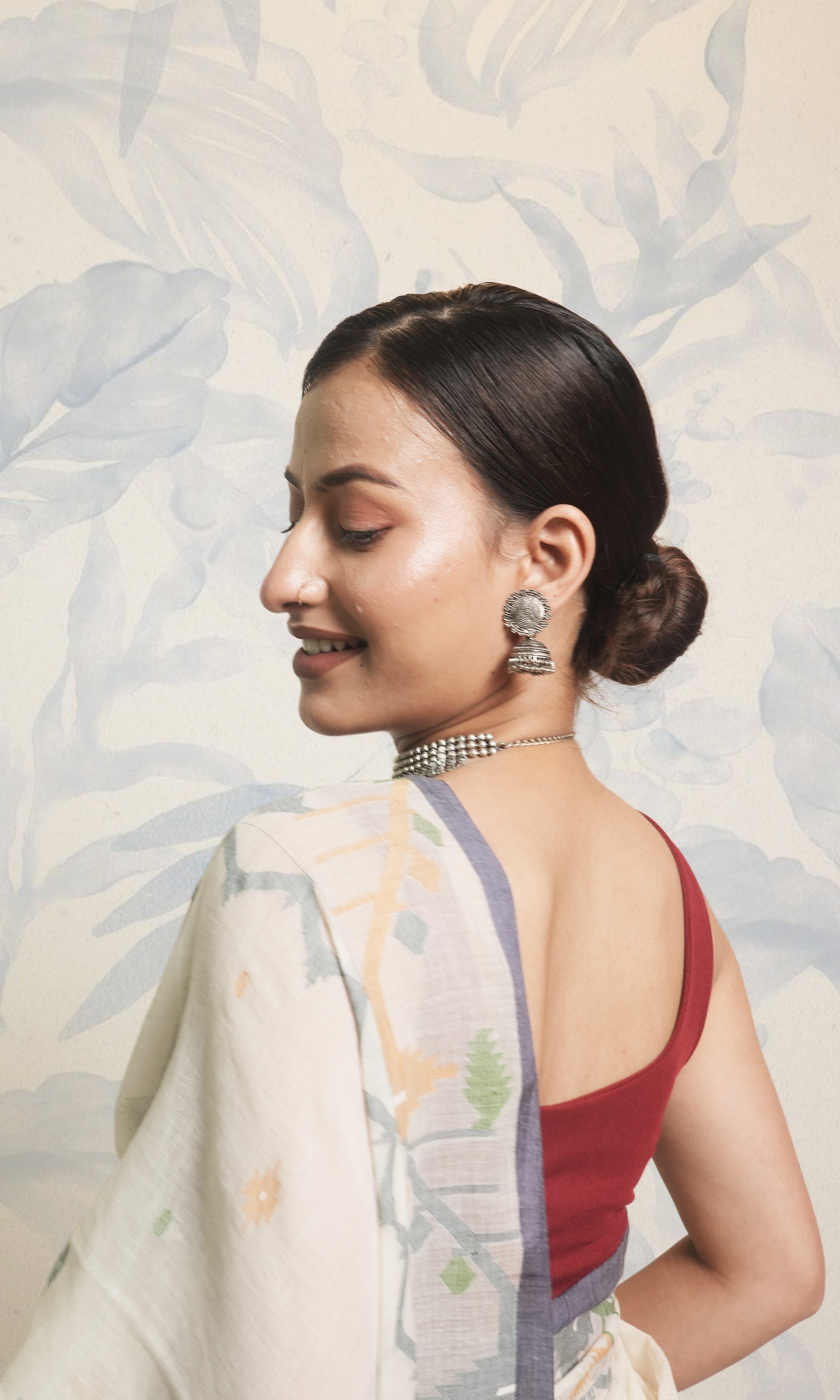 Yellow, Green & White Cotton Jamdani Saree Without Blouse Piece