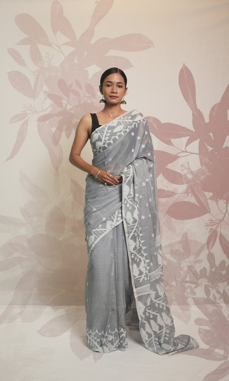 White & Grey Cotton Jamdani Saree Without Blouse Piece