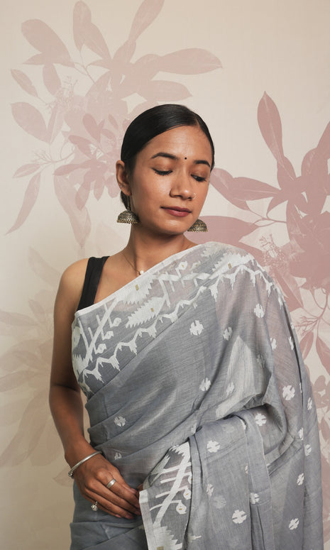 White & Grey Cotton Jamdani Saree Without Blouse Piece