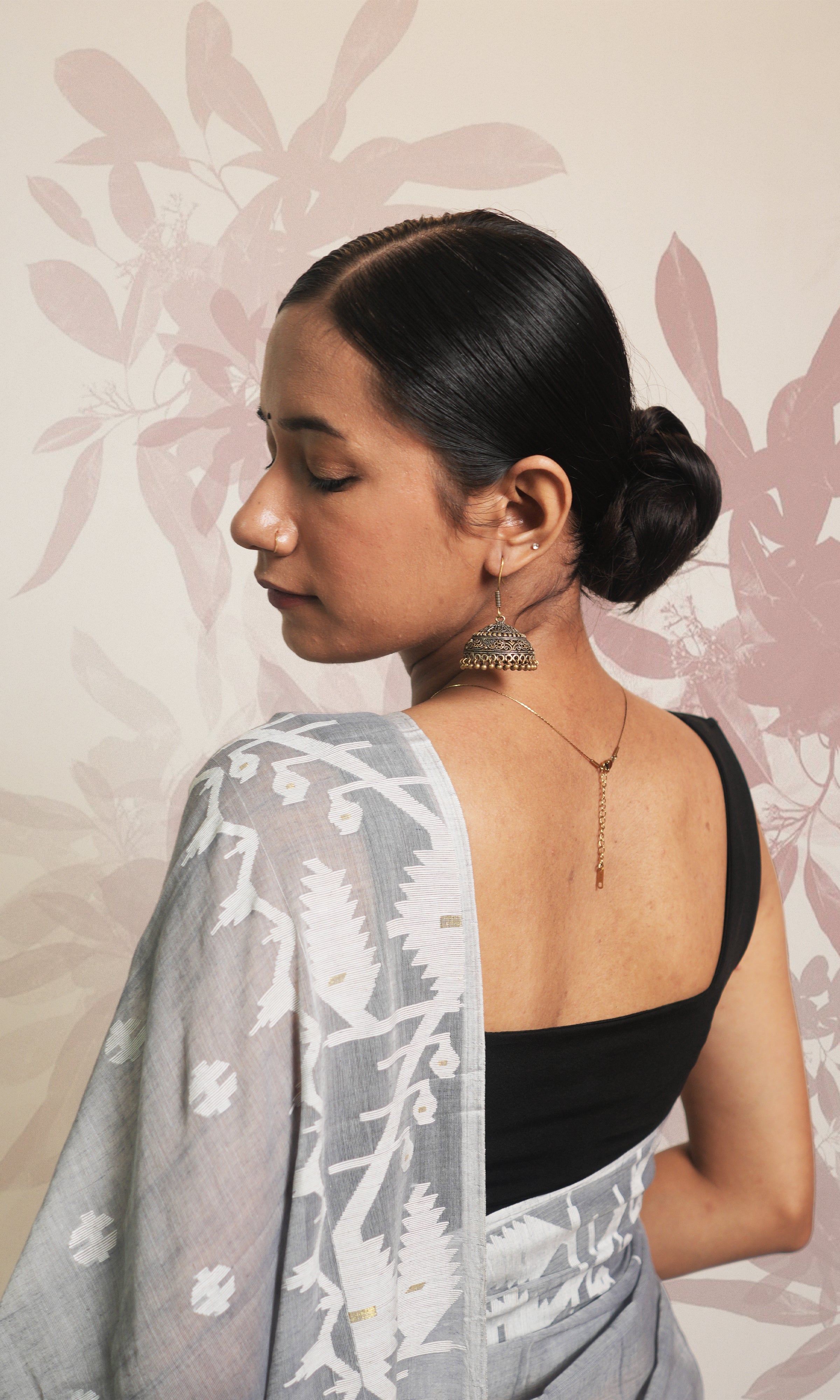 White & Grey Cotton Jamdani Saree Without Blouse Piece