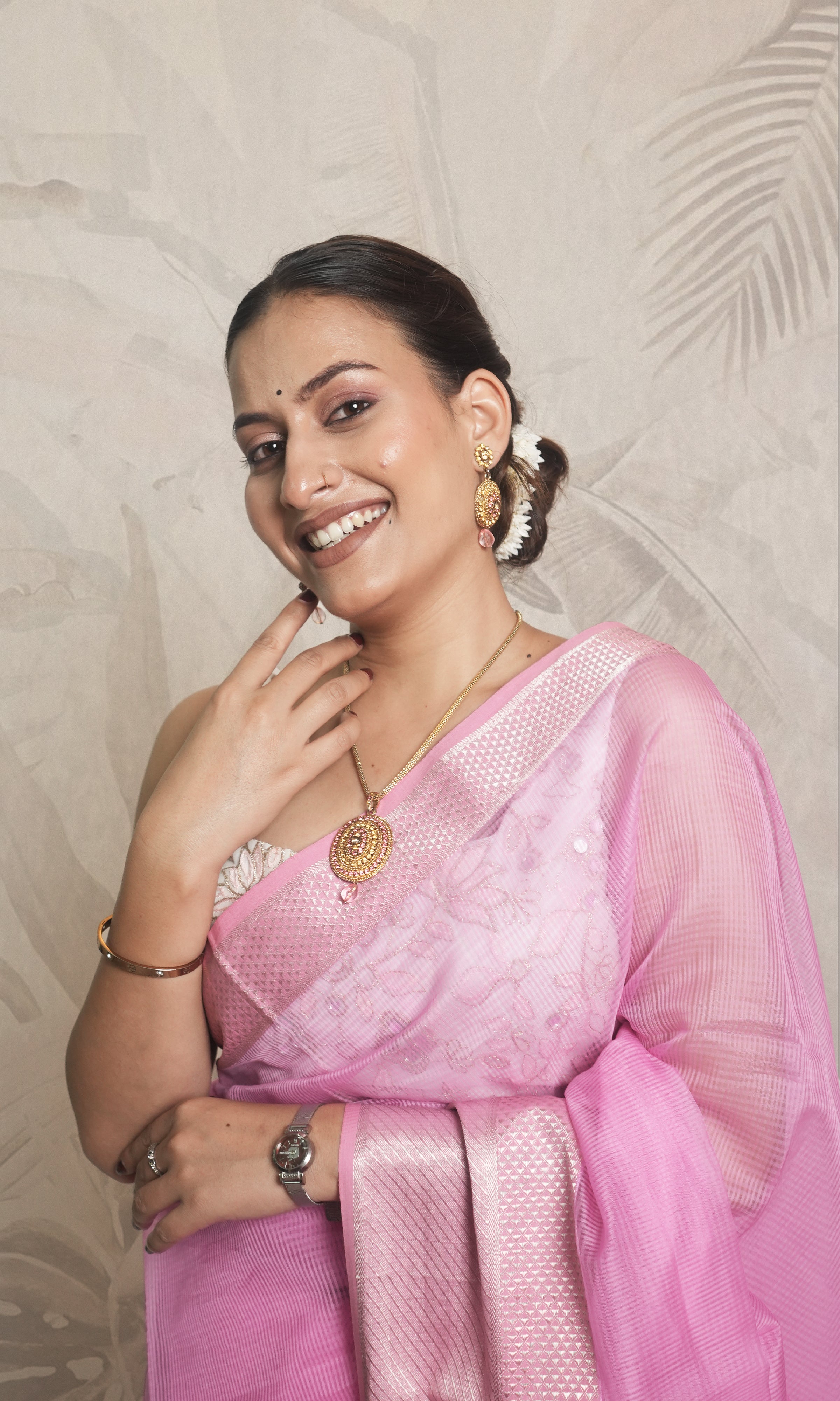 Pink & Silver Maheshwari Saree With Blouse Piece