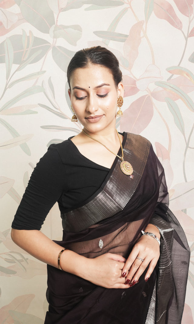 Dark Wine & Silver Border Maheshwari Saree With Blouse Piece