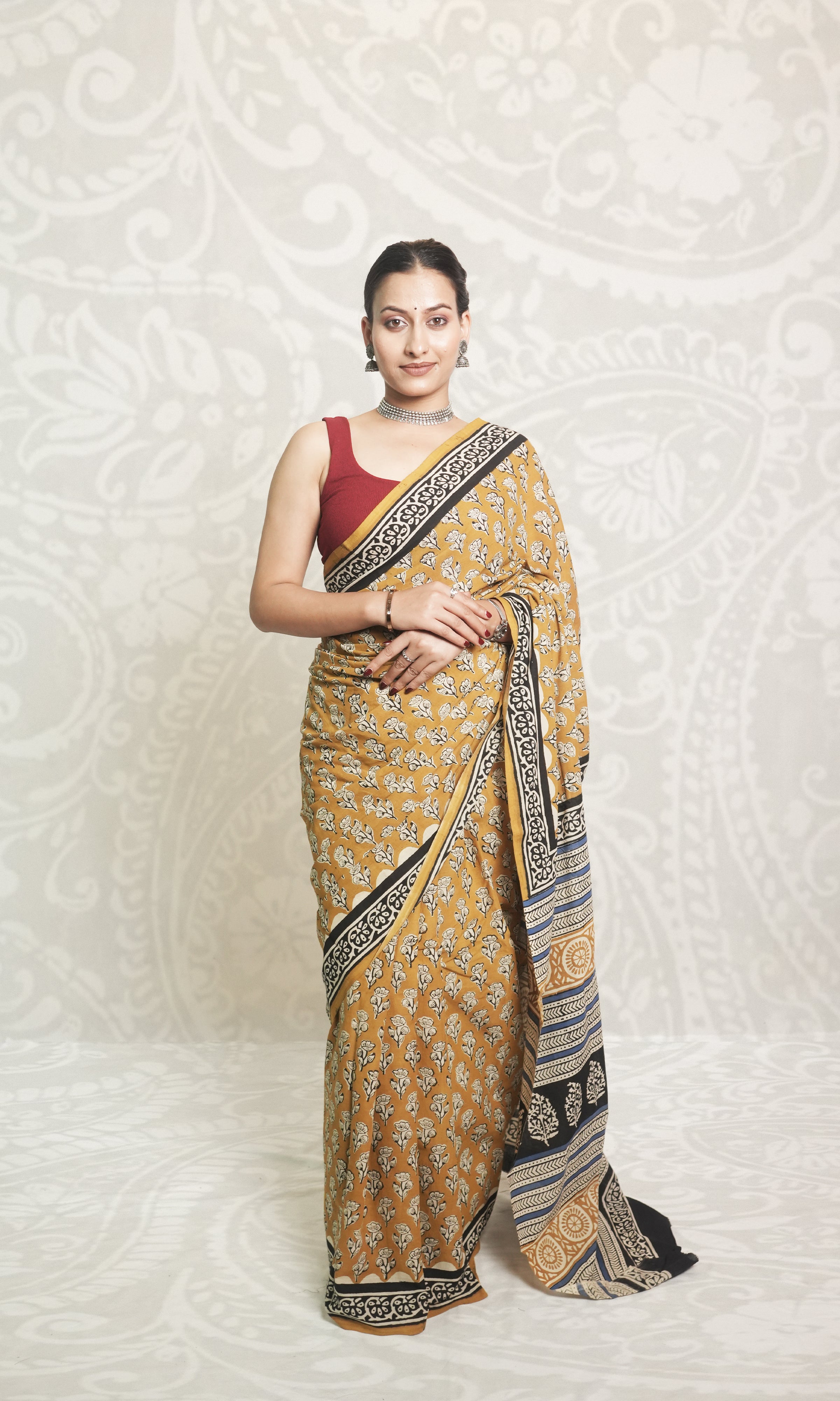 Yellow & Black Hand Block Print Cotton Saree With Blouse Piece