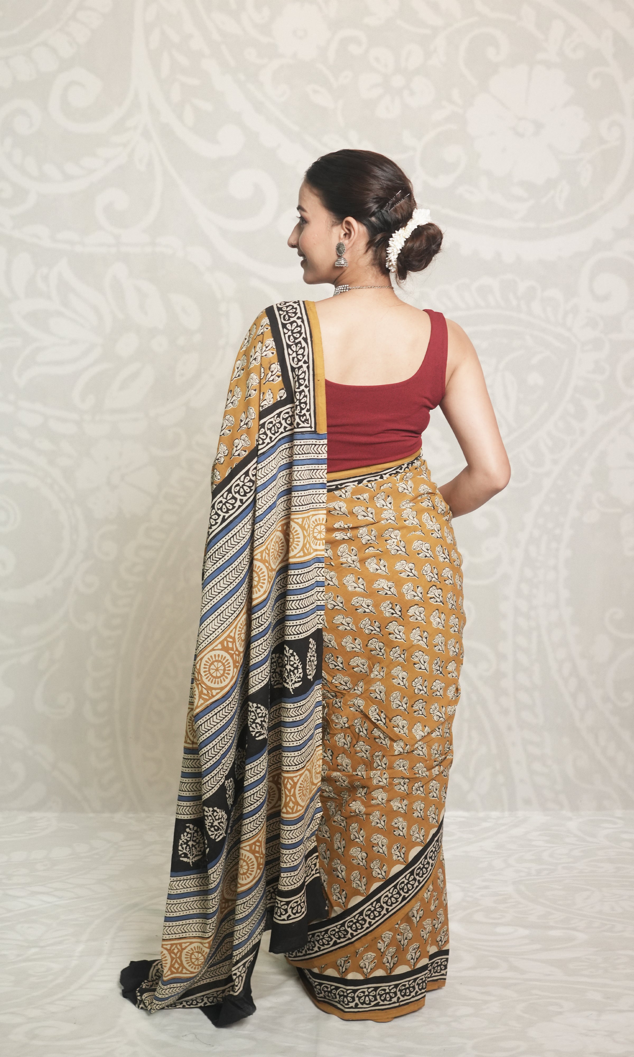 Yellow & Black Hand Block Print Cotton Saree With Blouse Piece