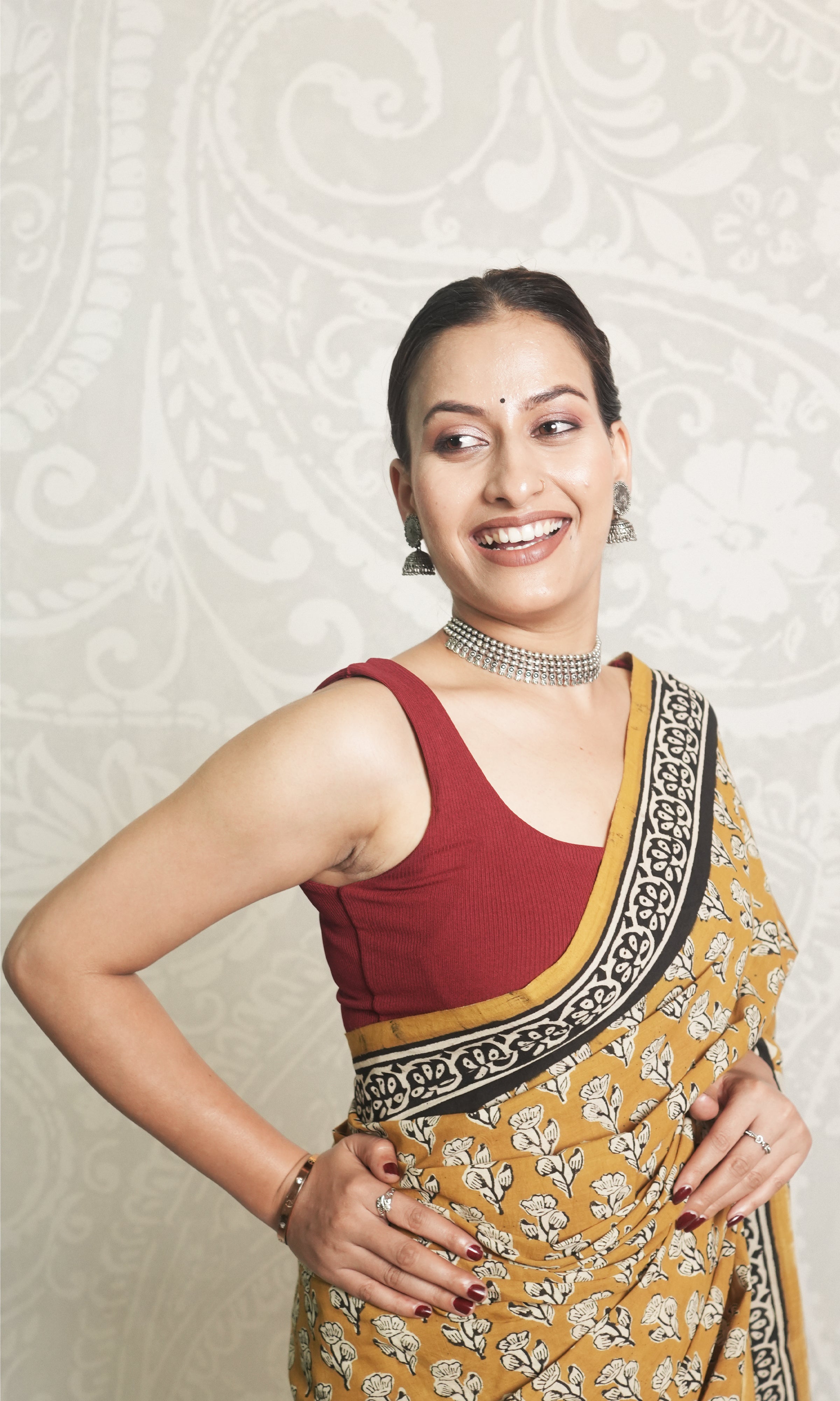 Yellow & Black Hand Block Print Cotton Saree With Blouse Piece
