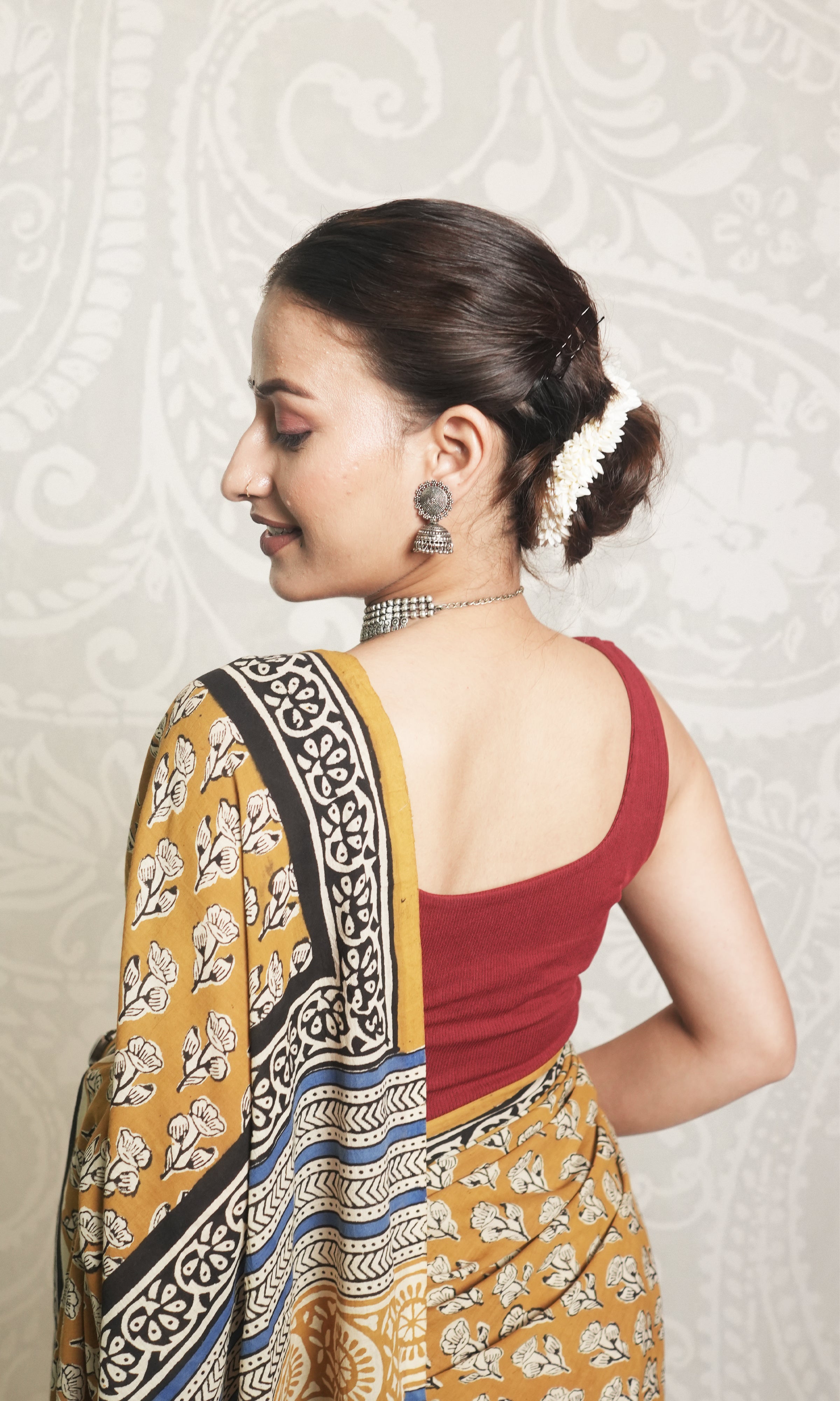 Yellow & Black Hand Block Print Cotton Saree With Blouse Piece