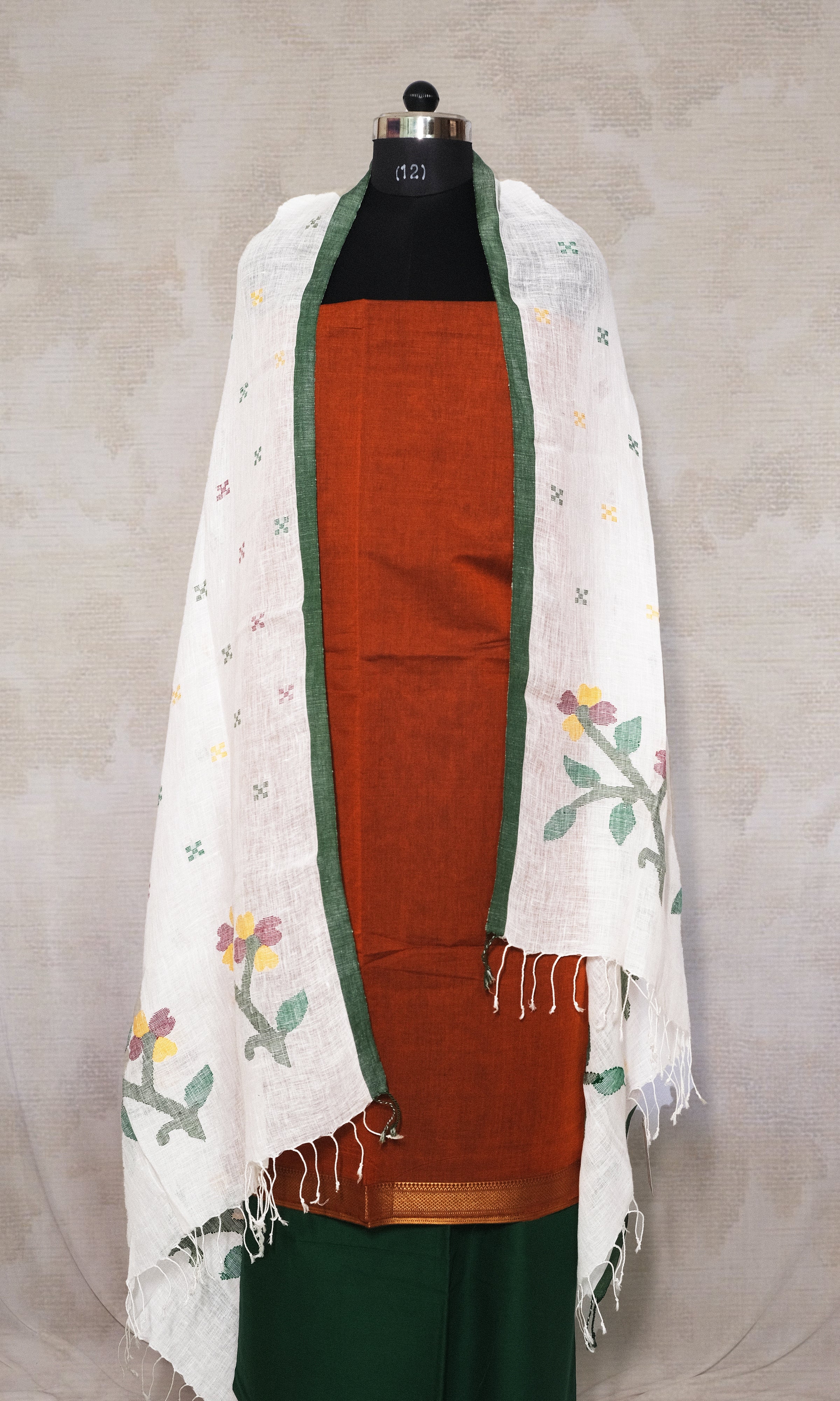 Brown & Green Cotton Dress Material