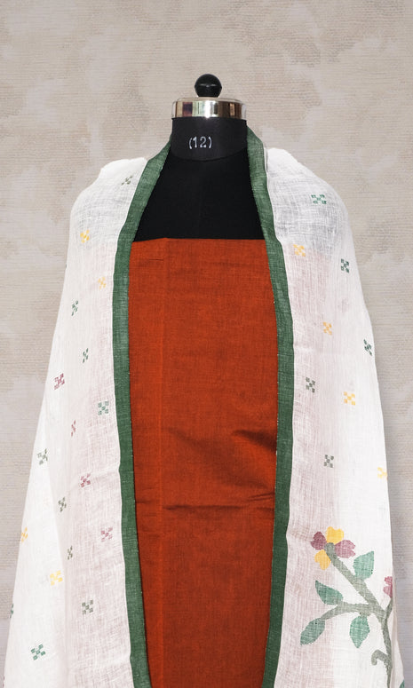 Brown & Green Cotton Dress Material
