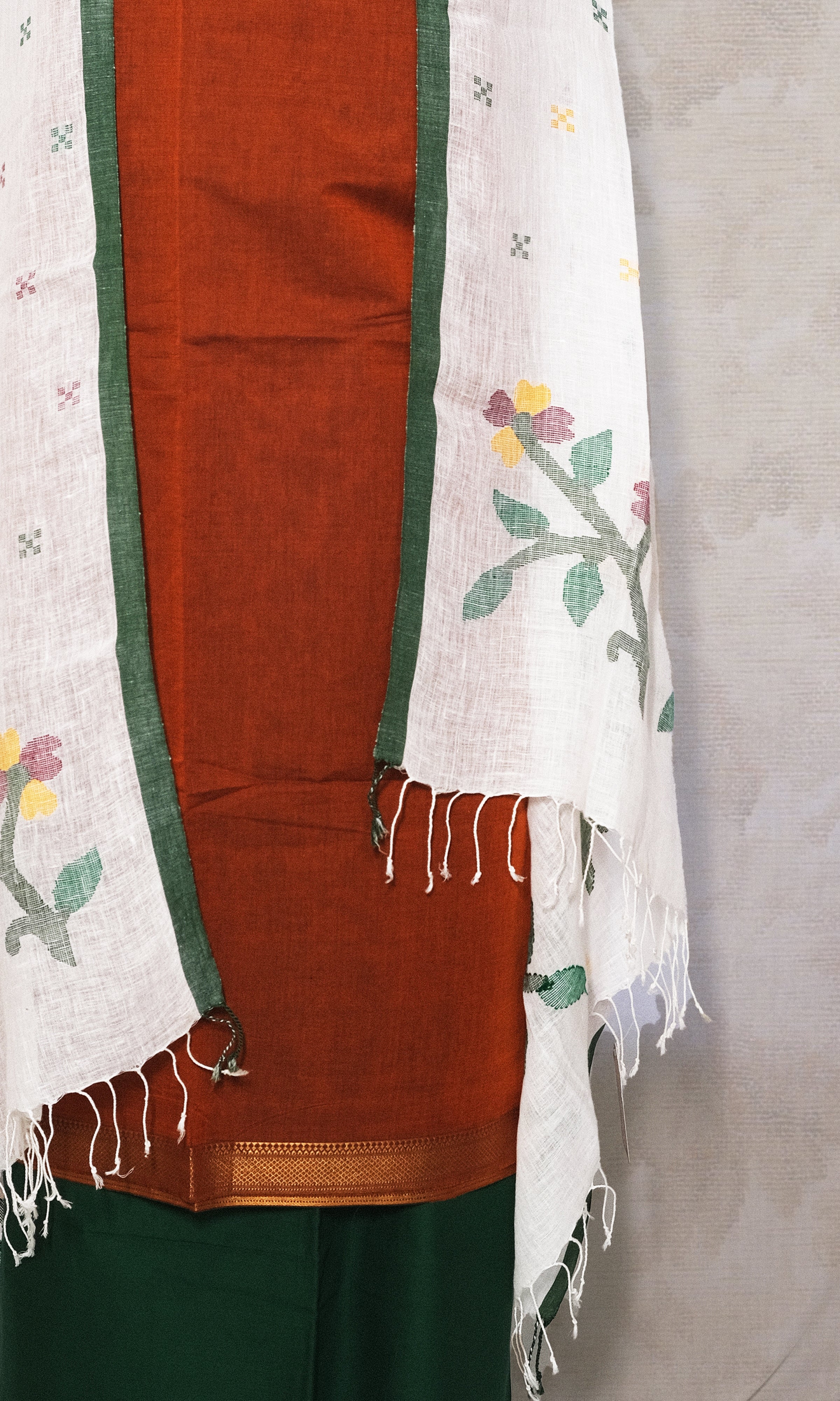 Brown & Green Cotton Dress Material