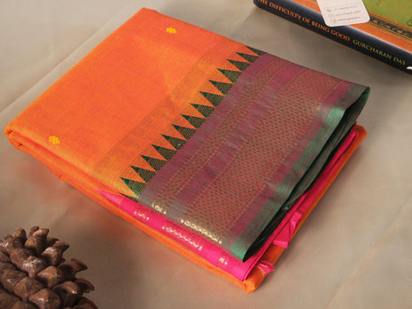Orange, Pink And Green Ganga Jamuna Border Kanchi Cotton Saree
