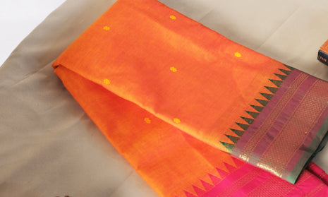 Orange, Pink And Green Ganga Jamuna Border Kanchi Cotton Saree