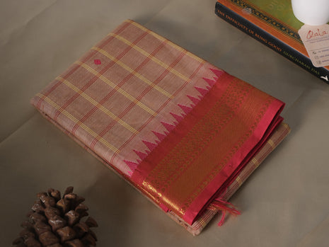 Light Pink Checks And Pink Border Kanchi Cotton Saree