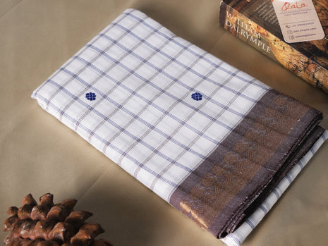 White Checks And Blue Border Kanchi Cotton Saree