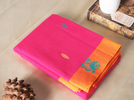 Pink And Orange Border Kanchi Cotton Saree