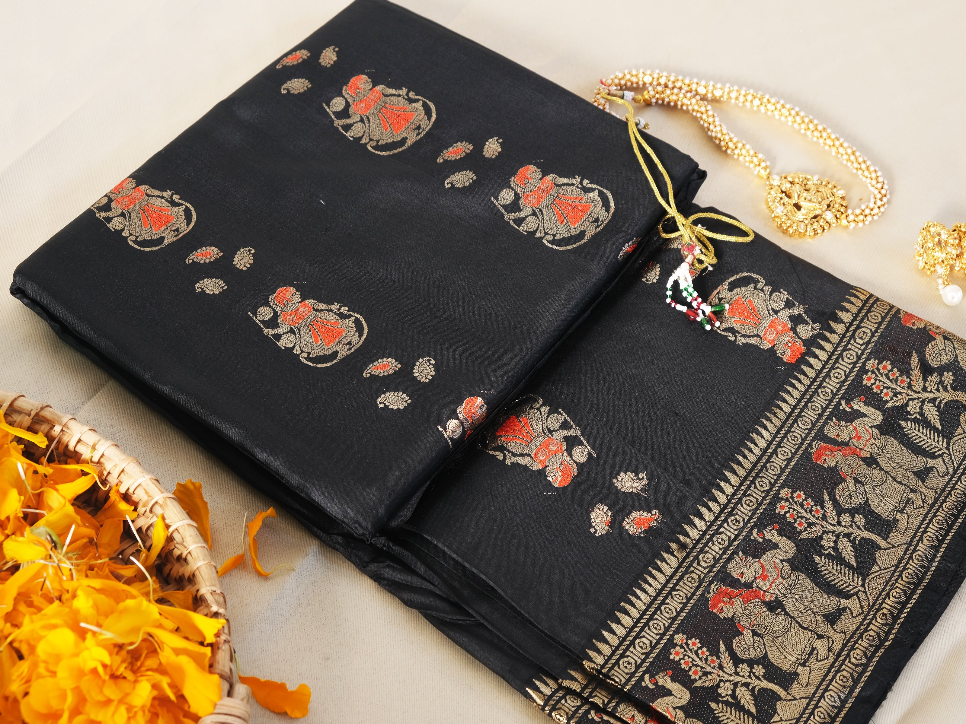 Black And Orange Swarnachari Silk Saree