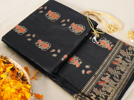 Black And Orange Swarnachari Silk Saree