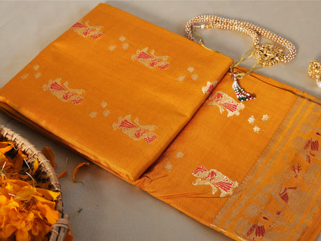 Deep Yellow And Red Swarnachari Silk Saree