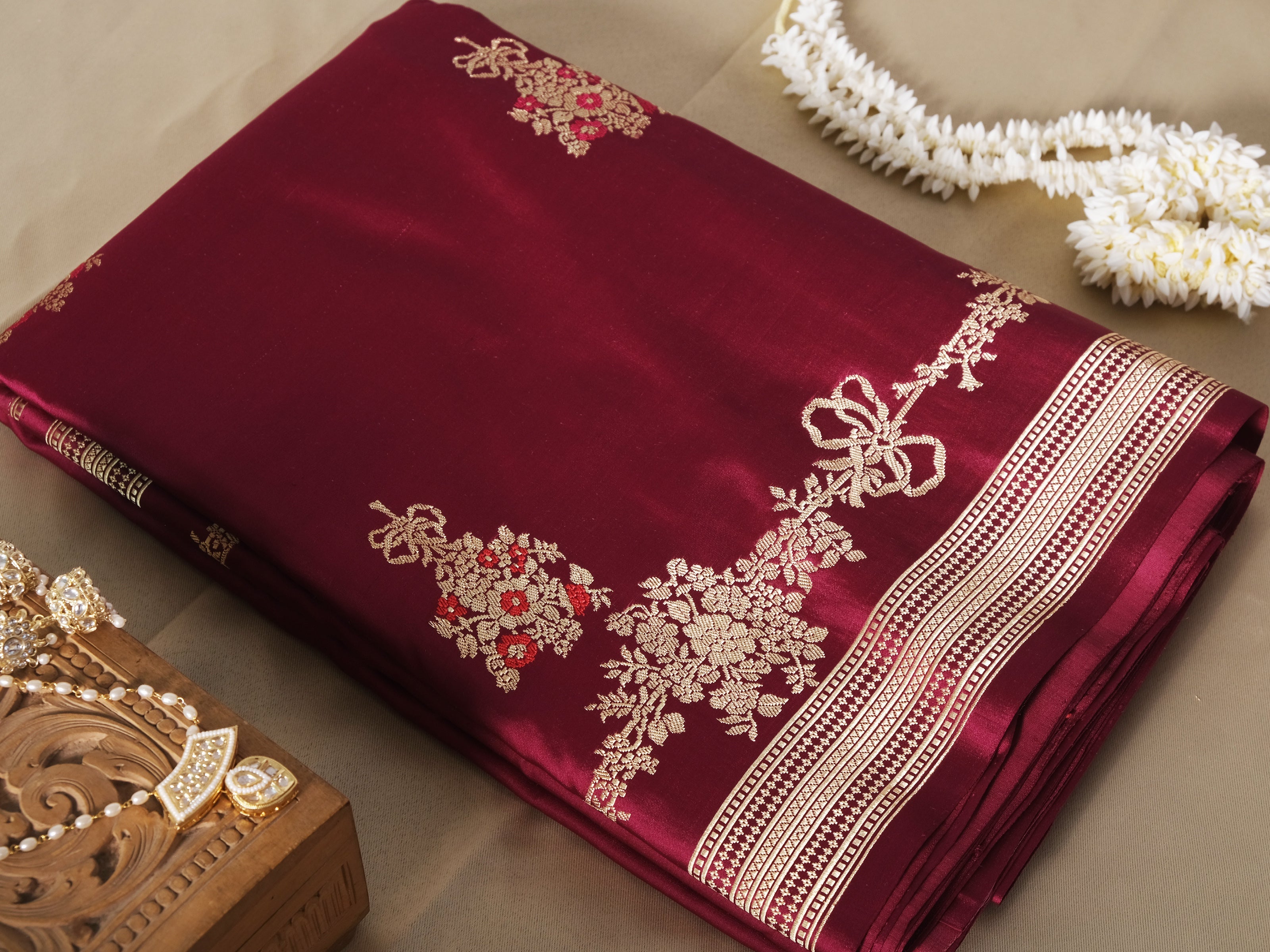 Wine Pure Satin Mulberry Silk Banarasi Saree