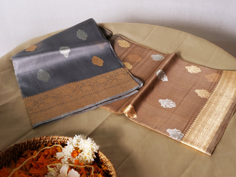 Gray And Coffee Green Kora Tissue Banarasi Saree