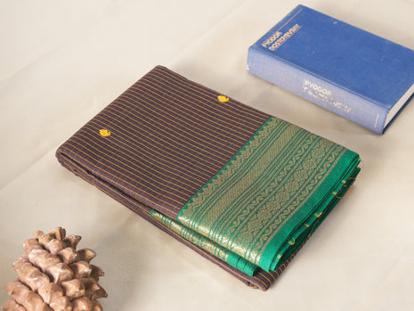 Brown Check And Green Border Kanchi Cotton Saree