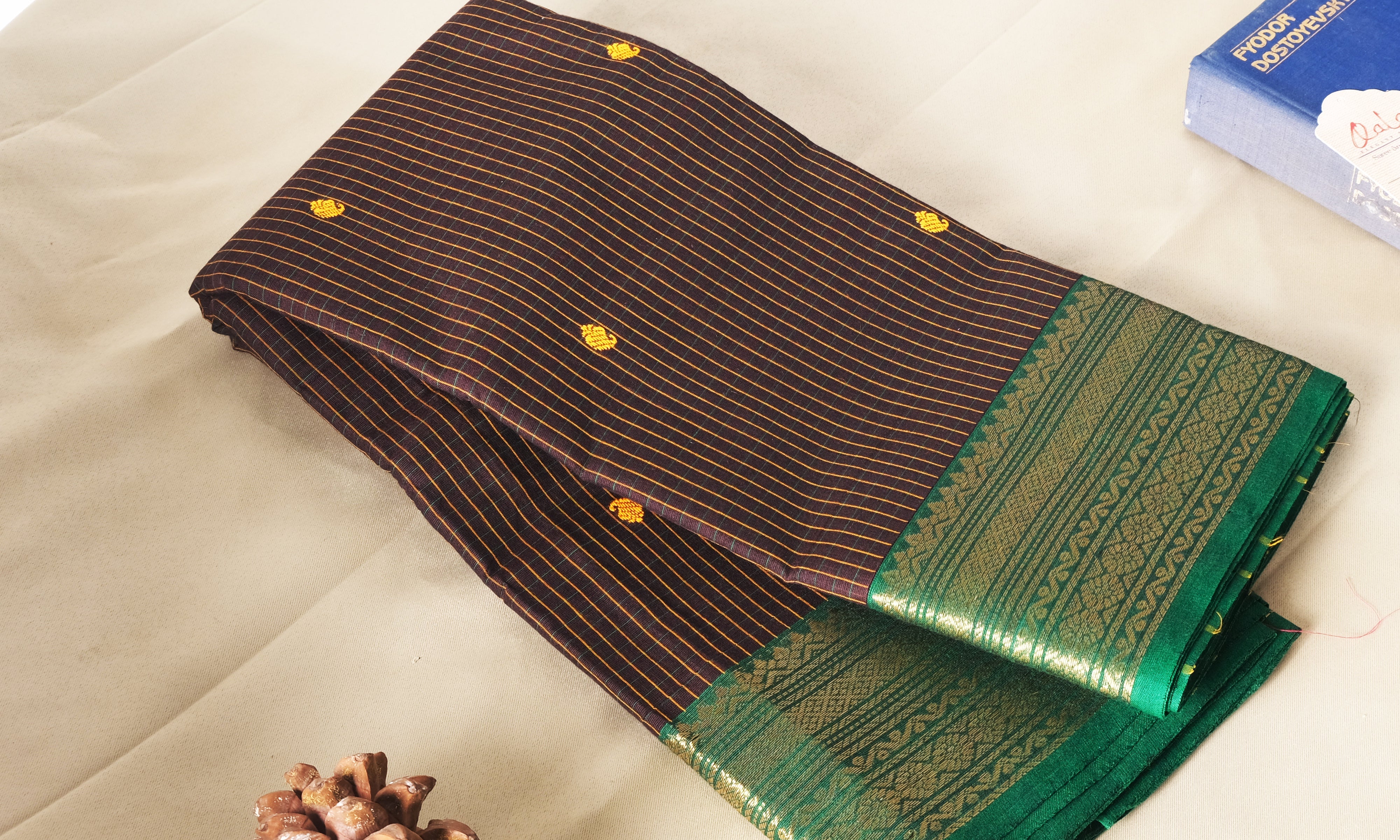 Brown Check And Green Border Kanchi Cotton Saree