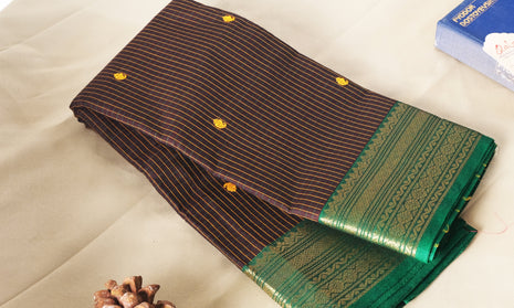 Brown Check And Green Border Kanchi Cotton Saree