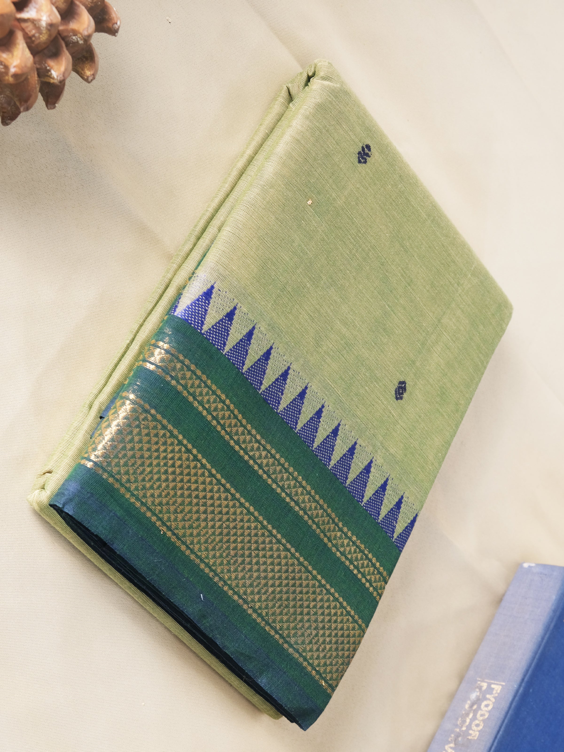Light Green And Blue Border  Kanchi Cotton Saree