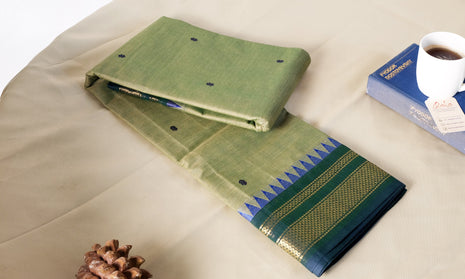Light Green And Blue Border  Kanchi Cotton Saree
